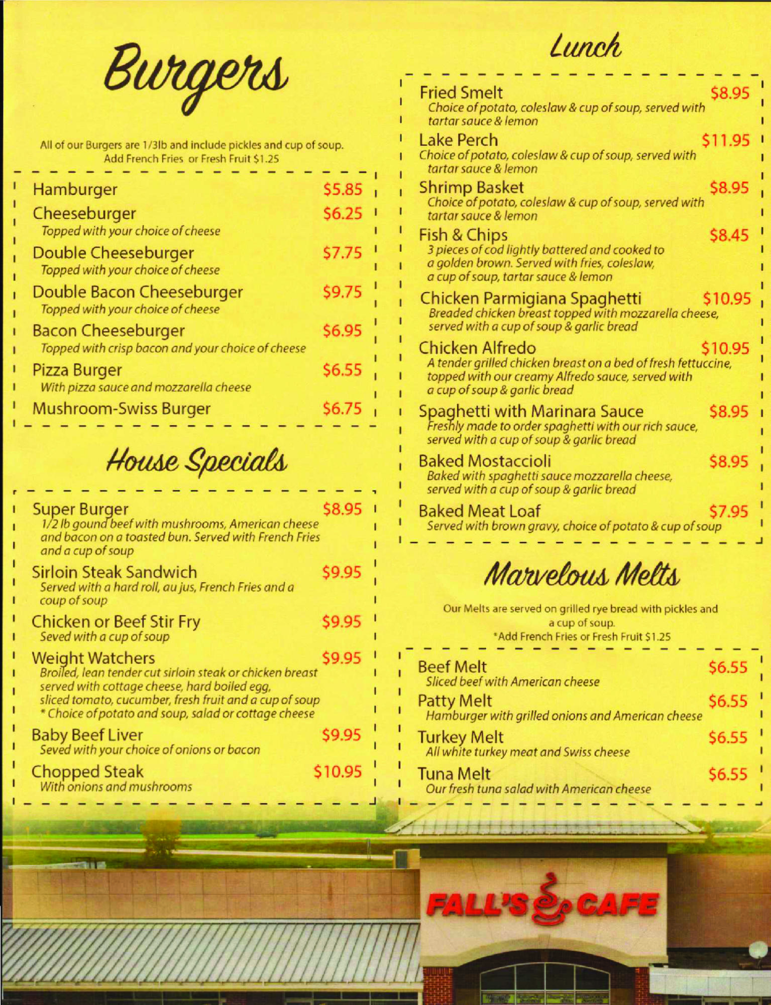 Falls Cafe Sheboygan Falls, WI Menu